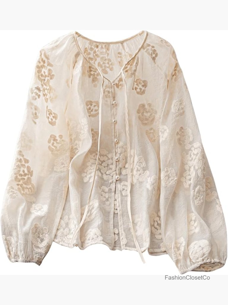 Boho Peasant Blouse Floral Embroidered Tie Front Long Sleeve Button Up